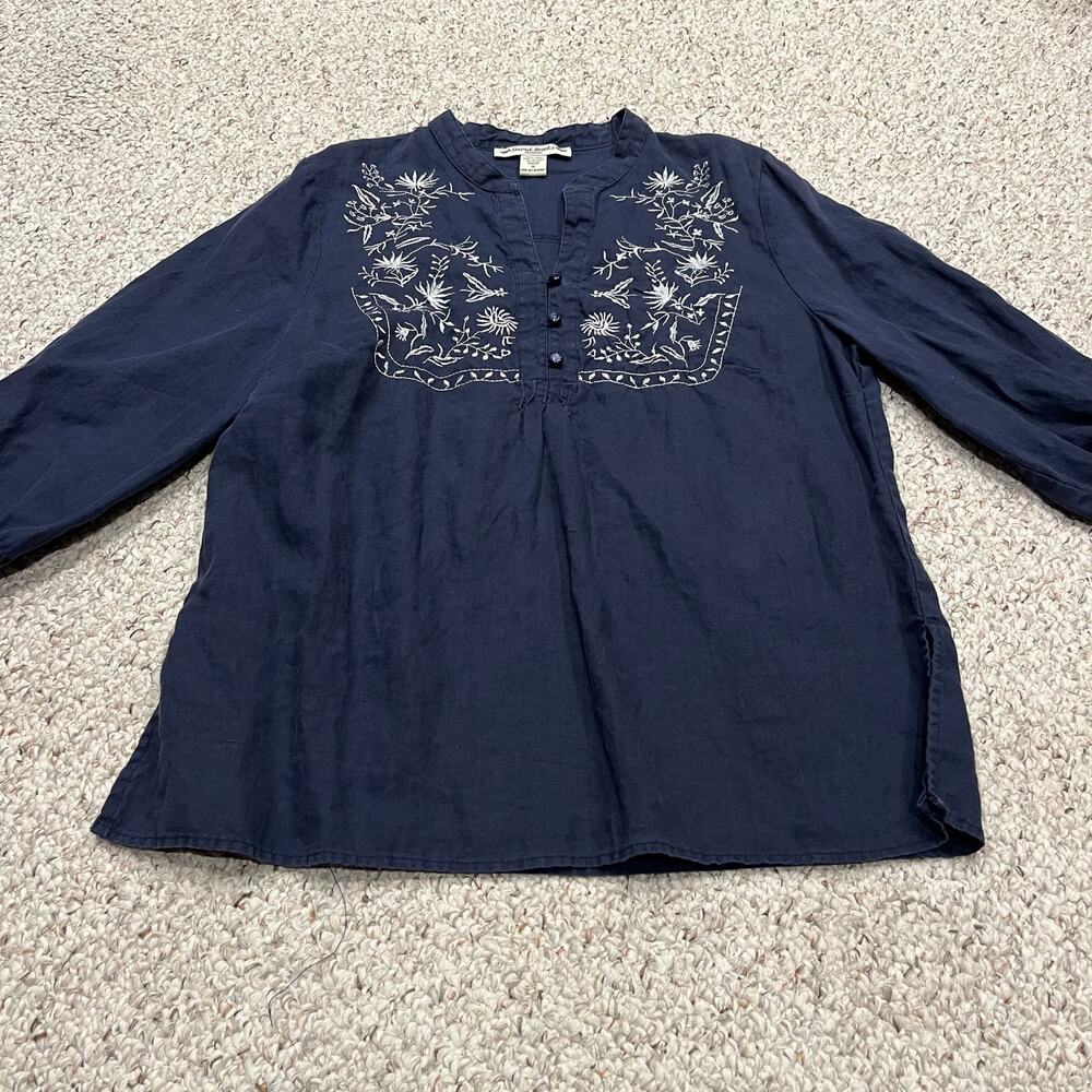 David Brooks Popover Embroidered Linen Shirt Sz 1X Navy White Preppy Coastal